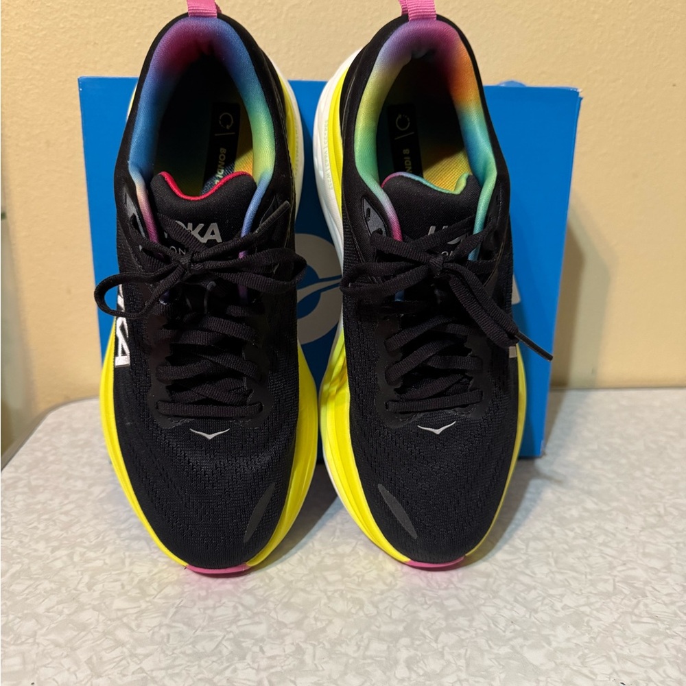 Hoka Bondi 8 Black and Neon Yellow Athletic Shoes
